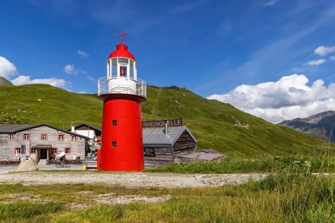 Oberalp Pass, top of the pass. The only lighthouse in the Alps stands near the source of the Rhine