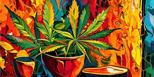 Abstract composition of a cannabis cafe with ambiance bold contrasting colors and playful shapes,