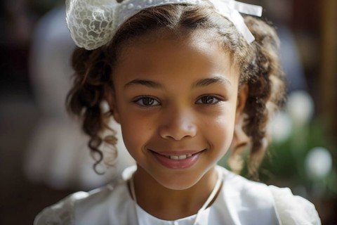 Portrait of a beautiful mulatto girl wearing a white dress for easter sunday, generative AI, AI
