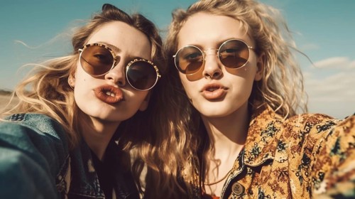 Two young girlfriends posing wearing sunglasses having fun on the beach, generatvie AI, AI