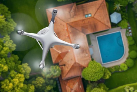 Quadcopter UAV drone flying A residential roof inspection. generative AI background, AI generated