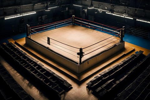 Empty boxing ring with ropes tightly stretched across the square corner, AI generated