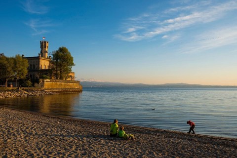 Montfort Castle and beach, sunset, Langenargen, Upper Swabia, Lake Constance, Baden-Württemberg,