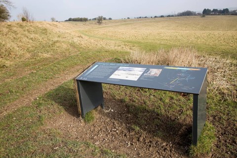 Information panel Durrington Walls neolithic prehistoric settlement site, near Amesbury, Wiltshire,