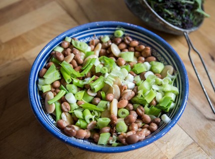 Close up looking down close up fresh mixed bean and chopped spring onion salad in bowl