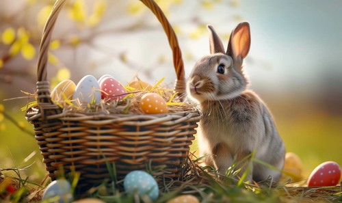 Cute Easter bunny sits beside a basket filled with colorful, decorated eggs amidst a vibrant green