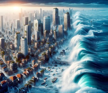 A monster wave, a tsunami, floods and destroys the houses of a city, climate change, climate