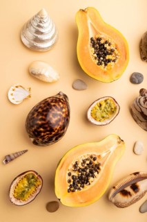 Ripe cut papaya, passion fruit, seashells, pebbles on orange pastel background. Top view, flat lay,