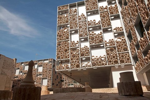 Abstract patterned wall in ceramic tile museum, Centro Ceramica, Triana, Seville, Spain, Europe