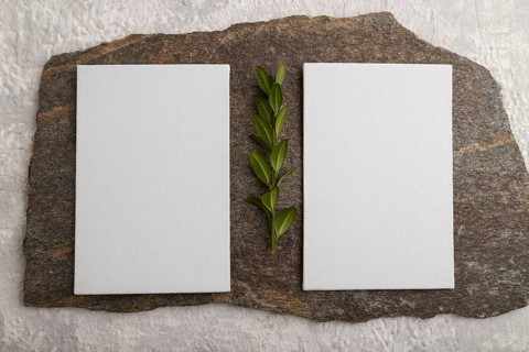 White paper business card, mockup with natural stone and boxwood branch on gray concrete background