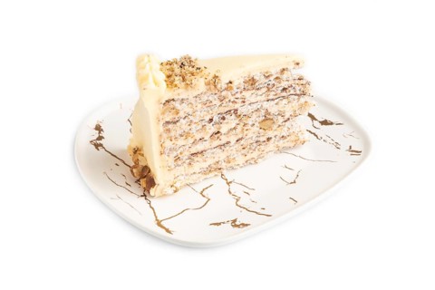 Walnut and almond cake isolated on white background. side view, close up