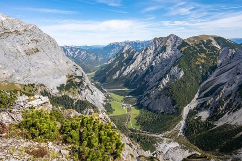 View into Falzthurntal, from the summit of Hahnkampl, in autumn, Karwendel Mountains, Alpenpark