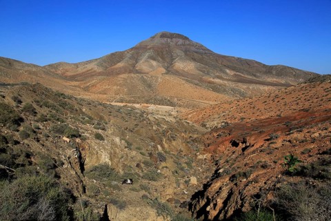 Bare moon-like arid landscape in mountains between Pajara and La Pared, Fuerteventura, Canary