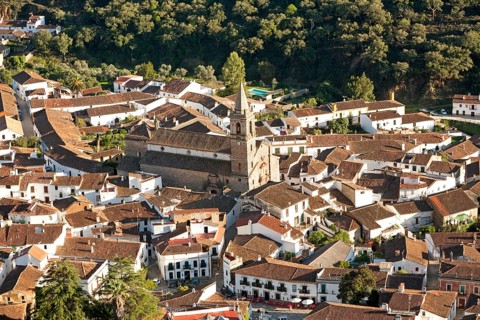 Overhead oblique angle view of village of Alajar, Sierra de Aracena, Huelva province, Spain, Europe