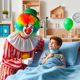 A clown, a hospital clown, in mask, red nose and costume with a sick child in the hospital and