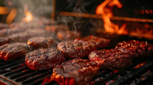 Several hamburgers sizzling on the BBQ. generative AI, AI generated