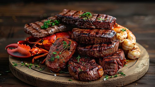 Steak and lobster platter. generative AI, AI generated