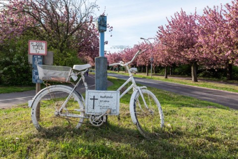 White bicycle as a symbol for fatal cycling accident, ADFC commemorates cyclists killed, Magdeburg,