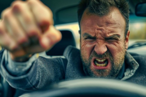 Angry, unnerved, aggressive, screaming man sitting behind the steering wheel and gesticulating