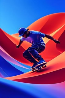 Skateboarder in dynamic jump abstracted into fluid shapes that capture elegance and dynamic in