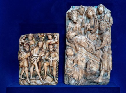 Flemish high relief artworks in the alabaster cabinet at Kasteel van Gaasbeek, renovated medieval