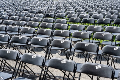 Chairs marked with numbers, rows of seats, rows of chairs at a music festival, Salem Castle, former