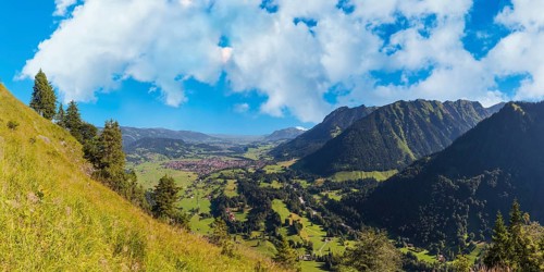 Panorama from Himmelschrofen, 1790m, into the Illertal and Oberstdorf, Allgäu Alps, Allgäu,