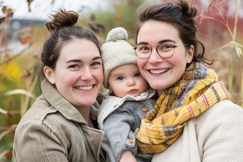 Amily portrait of happy female homosexual couple with young child. Generative Ai, AI generated