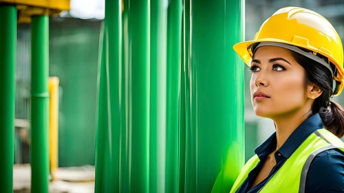 Portrait of a female construction worker wearing a yellow helmet, AI generated