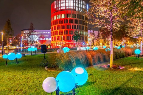 Lighting at the Essen Light Festival, Neue Mitte Essen, Funke publishing house, light installation,