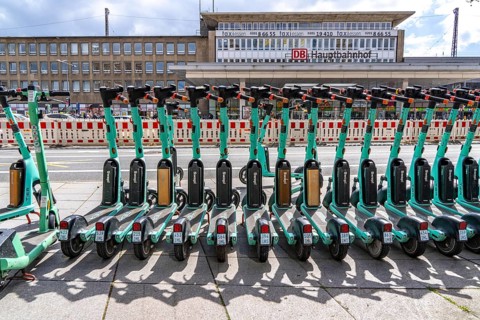 Parking space for e-scooters at the main railway station, provider Tier, in e-scooter sharing with