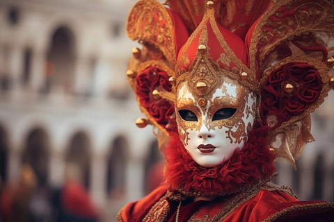 A person adorned in a richly detailed and colorful carnival costume, complete with an elaborate