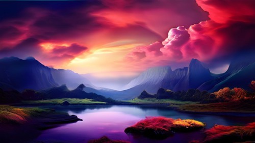 AI generated painting of a surreal landscape with mountains and a lake with digital brush strokes