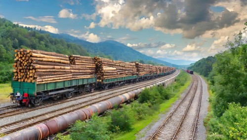 Forestry, timber industry, long goods train with goods wagons loaded with logs, AI generated, AI