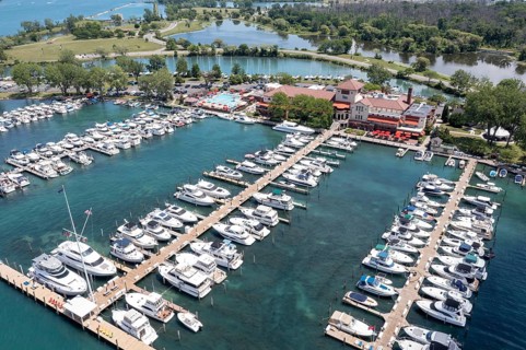 Detroit, Michigan, An aerial view of the Detroit Yacht Club on Belle Isle in the Detroit River. The