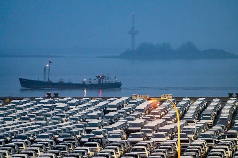 Parking space for import vehicles, hundreds of Hyundai Ioniq, electric cars, waiting for onward