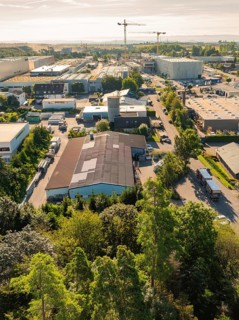 Various buildings of an industrial area, scattered cranes and trees along the streets, sunny and