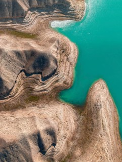 Top-Down, Barren landscape, Aerial view, Erosion landscape with canyons at the river Naryn,