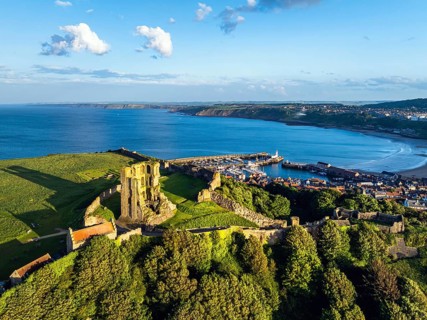 Scarborough Castle from a drone, Scarborough, North Yorkshire, England, United Kingdom, Europe