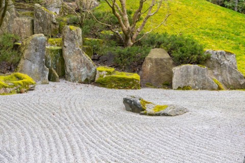 Zen garden, traditionally raked pebbles, Japanese garden, Gardens of the World, Berlin, Germany,