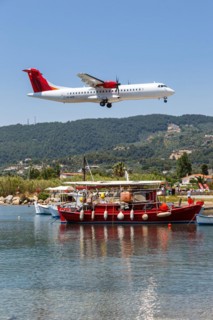 An Air Connect ATR 72-600 aircraft with the registration YR-ACB at Skiathos Airport, Greece, Europe