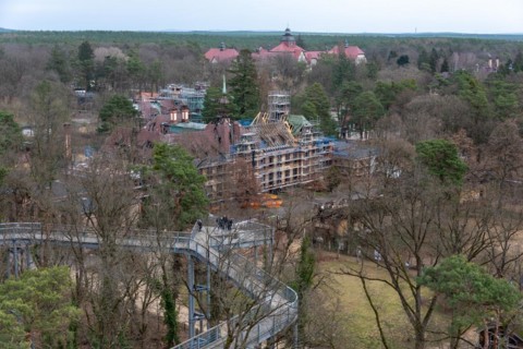 View from the treetop path to the buildings of the Beelitz-Heilstätten, former lung sanatorium,