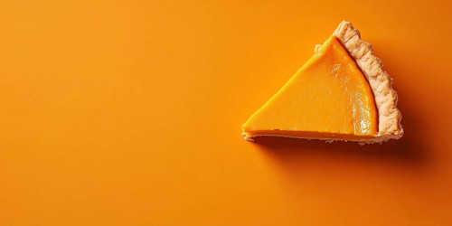 Banner with slice of pumpkin pie on orange background with copy space. Generative Ai, AI generated