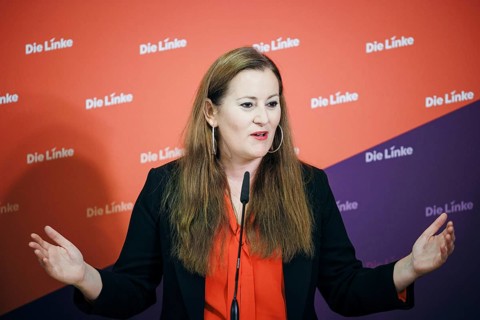 Janine Wissler, Chairwoman of the Left Party, recorded at a press conference in Berlin, 19 August