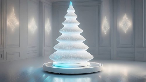 A three dimensional rendering of a futuristic Christmas tree made of glowing, semi-transparent