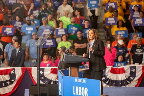 Detroit, Michigan, USA, 2 September 2024, Presidential candidate Kamala Harris campaigns at a Labor