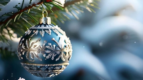 Set of Christmas ornaments hanging on a snow-covered pine tree branch, with frost clinging to the