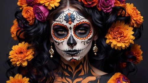 Woman in an extravagant dia de los muertos costume and a vibrant face makeup, AI generated