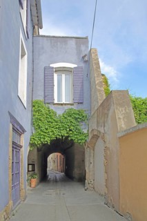 Narrow alley with archway and houses, idyll, purple shutters, L'Isle-sur-la-Sorgue, Vaucluse,