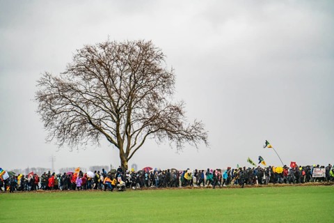 Demonstration against the demolition of the lignite village of Lützerath, from the village of